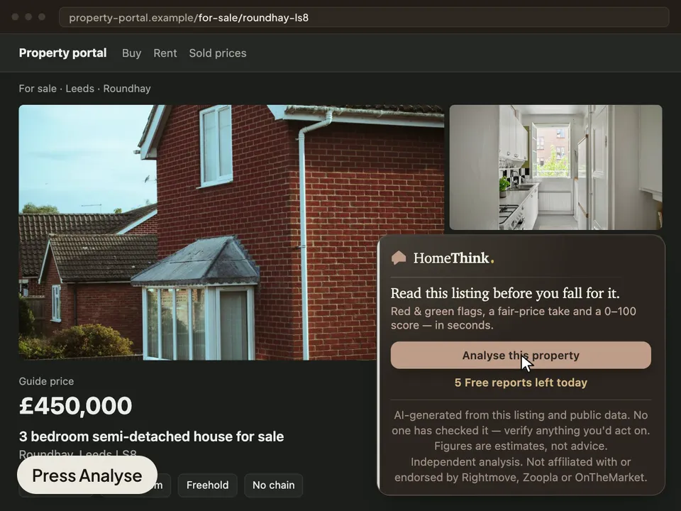 The HomeThink card on a property listing, with its Analyse button