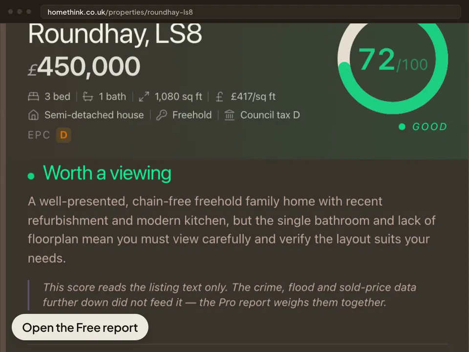 The Free report for the same listing, opened on HomeThink