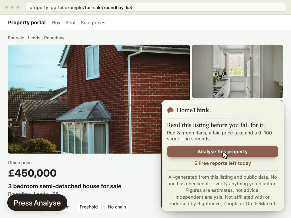 The HomeThink card on a property listing, with its Analyse button