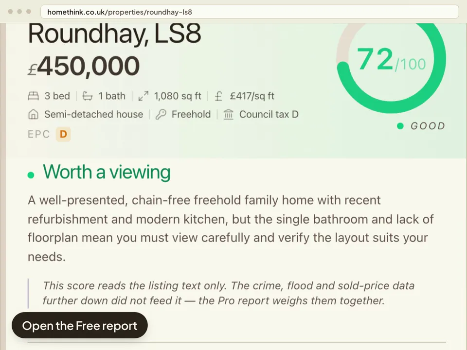 The Free report for the same listing, opened on HomeThink