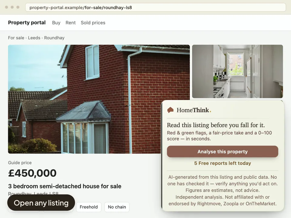 The HomeThink extension's card on a property listing, which reads the listing and then opens its Free report